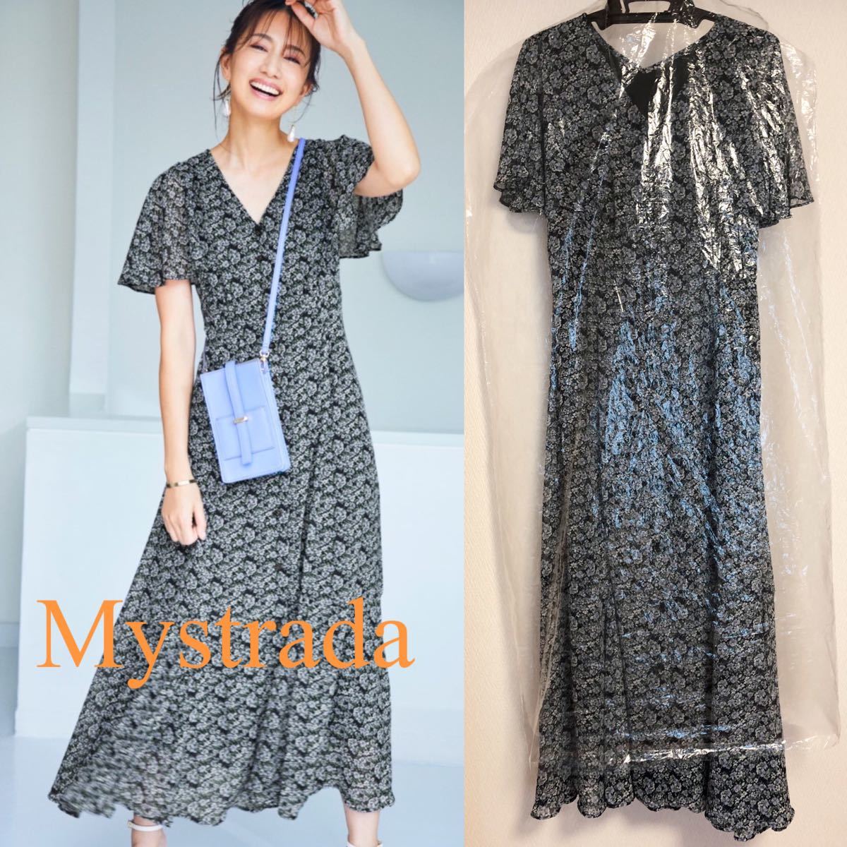 年末のプロモーション Mystrada マイストラーダ ワンピース 袖フレア セールスプロモーション 新品タグ 未着 紺 38 花柄ワンピース Mystrada マイストラーダ ひざ丈ワンピース