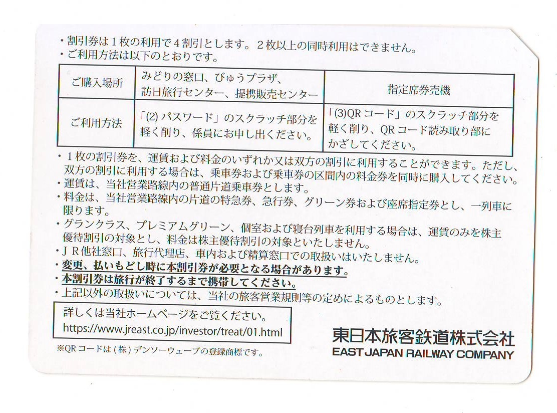 ☆番号通知可☆　JR東日本株主優待割引券　有効期限：2022/5/31まで　4割引券　4枚セット_画像2