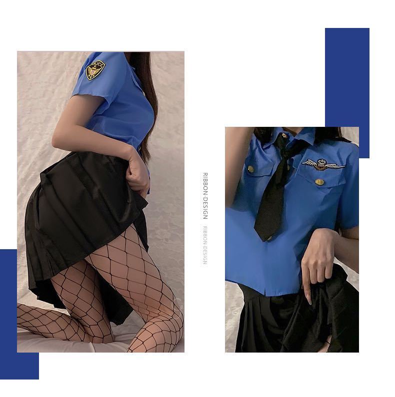  женщина-полицейский костюмированная игра Police форма sexy костюмированная игра короткий рукав воротник есть галстук юбка flair верх и низ в комплекте весна лето осень-зима свободный размер бледно-голубой 