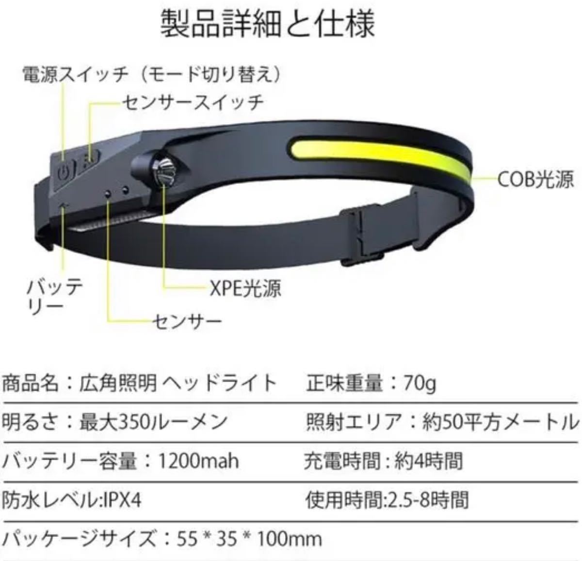 ２個　ヘッドライト 充電式 USB LEDデュアル光源 ヘッドランプ 5種点灯