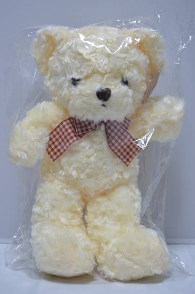 チェックリボン　ふわふわ　テディベア　ぬいぐるみ　くま　熊　クリーム
