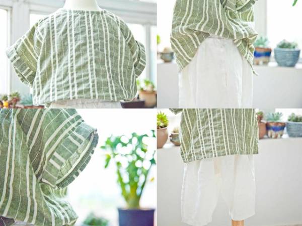 抹茶バニラ★　キッズ/子ども服　【綿麻】半袖ブラウス/半袖シャツ●男女兼用● 120cm