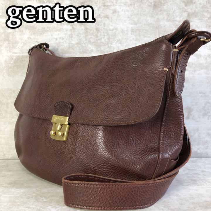 美品】genten ゲンテン ショルダーバッグ フラップ レザー 本革 ダーク