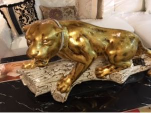在庫問い合わせてくださいイタリア輸入アンティーク調ゴールド色レオパードの置物豹の置物ヒョウの置物シルバー色の首輪も素敵！
