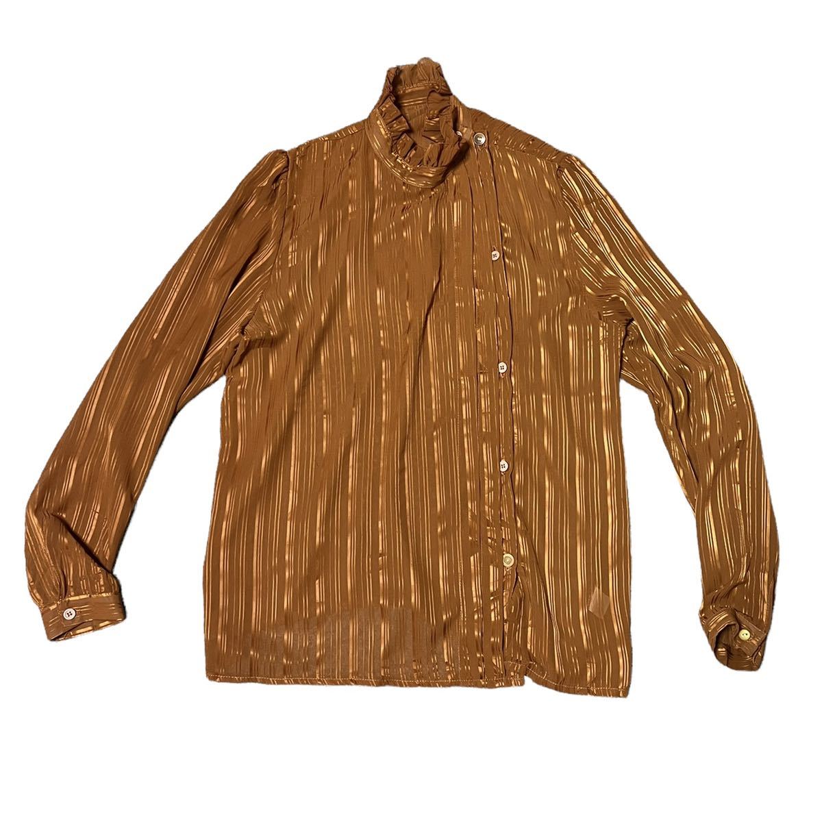 【1960s】ユーロ　ビンテージ　デザイン　ドレスブラウス　シャツ　古着　オーバーサイズ ストライプ　透け感　デザイン　ブラウン　茶色