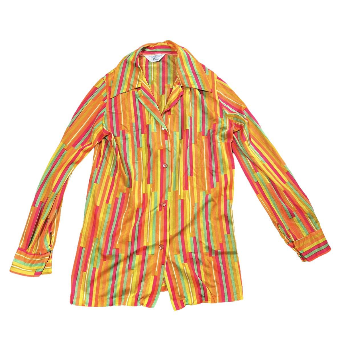 【1970s】ビンテージ　Sears レトロポップ　総柄ポリシャツ　開襟　古着　レアデザイン　ヒッピー　ストライプ　マルチ