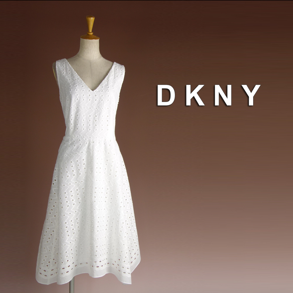 新品 DKNY 12/17号 ダナキャラン 白 刺繍 Aラインワンピース パーティ