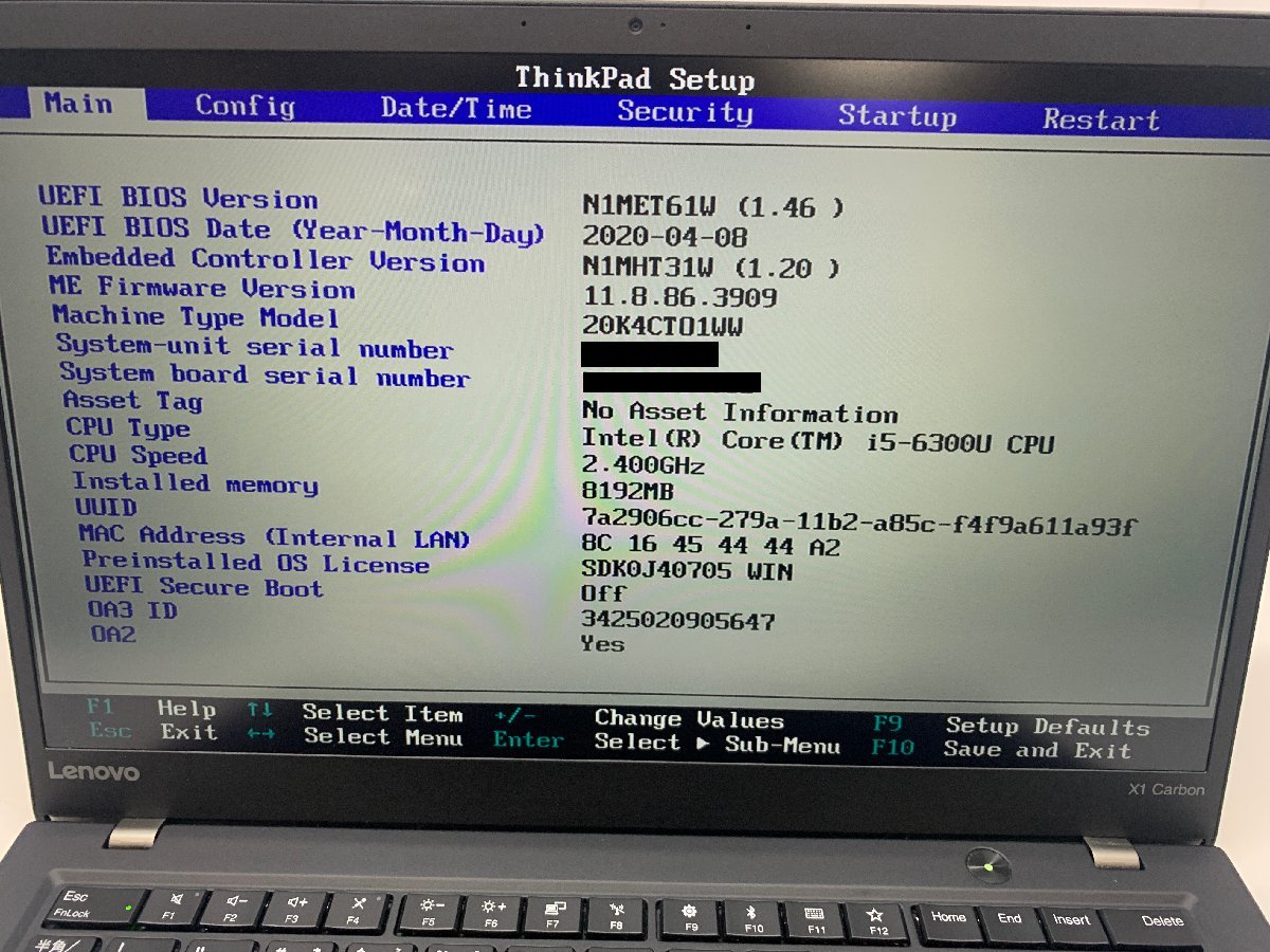 ◆わけあり１円~◆ThinkPad X1 Carbon Type 20K4 /BIOS確認済み◆送料無料◆Core i5-6300U(2.40GHz)/8GB/ストレージ無し/14インチ/無線_※複数在庫につき写真を流用