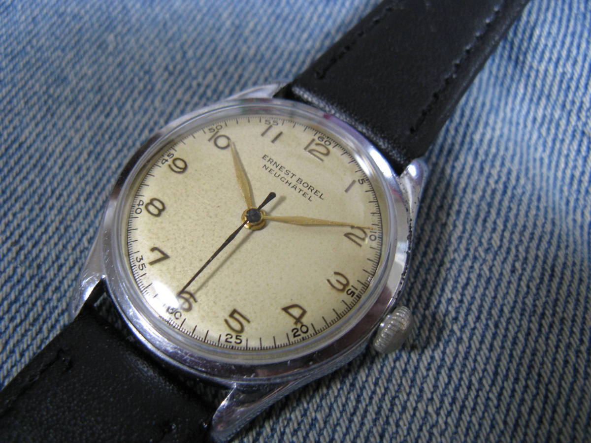 1950年代 ERNEST BOREL アーネストボレル 33.2mm スイス製アンティーク手巻腕時計 稼働品 _リーフ時分針、黒秒針