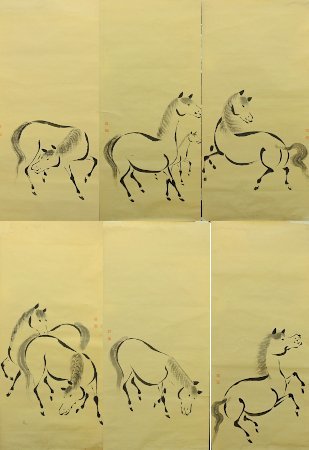 日本未入荷 まくり 6枚 在印 馬 馬図　紙に墨 中古 水墨画