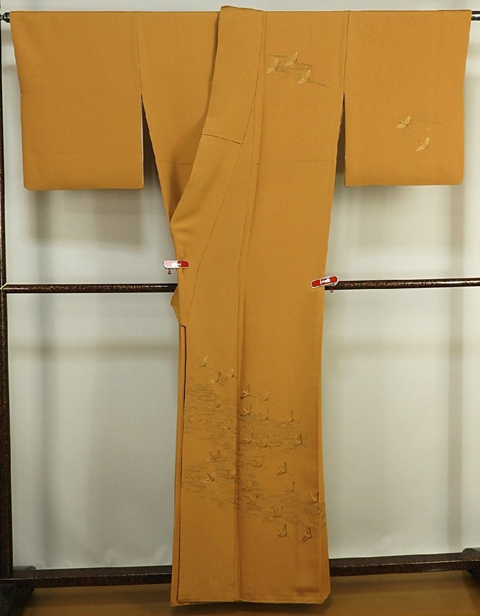 X74　正絹　訪問着　刺繍の鶴　遠州茶系　【美品】　身丈162ｃｍ_画像6