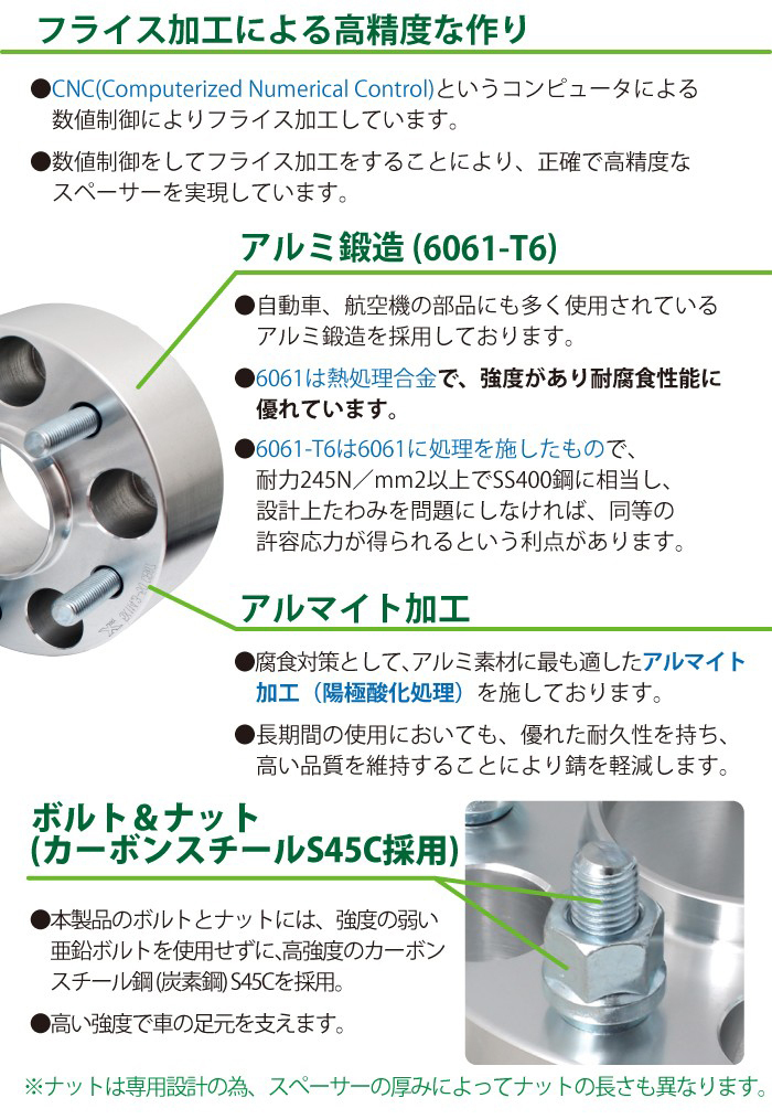 ワイドトレッドスペーサー100-4H/5H-P1.25/P1.5-20mm ナット付 ホイールPCD 100mm 4穴/5穴 P1.2 P1.5 2枚セット ハブリング付ワイトレ N_画像3