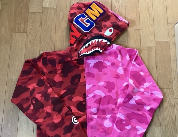  新品/納品書写し A BATHING APE COLOR CAMO HALF SHARK FULL ZIP HOODIE RED/PINK Mサイズ エイプ ハーフ シャーク フルジップフーディー_画像2