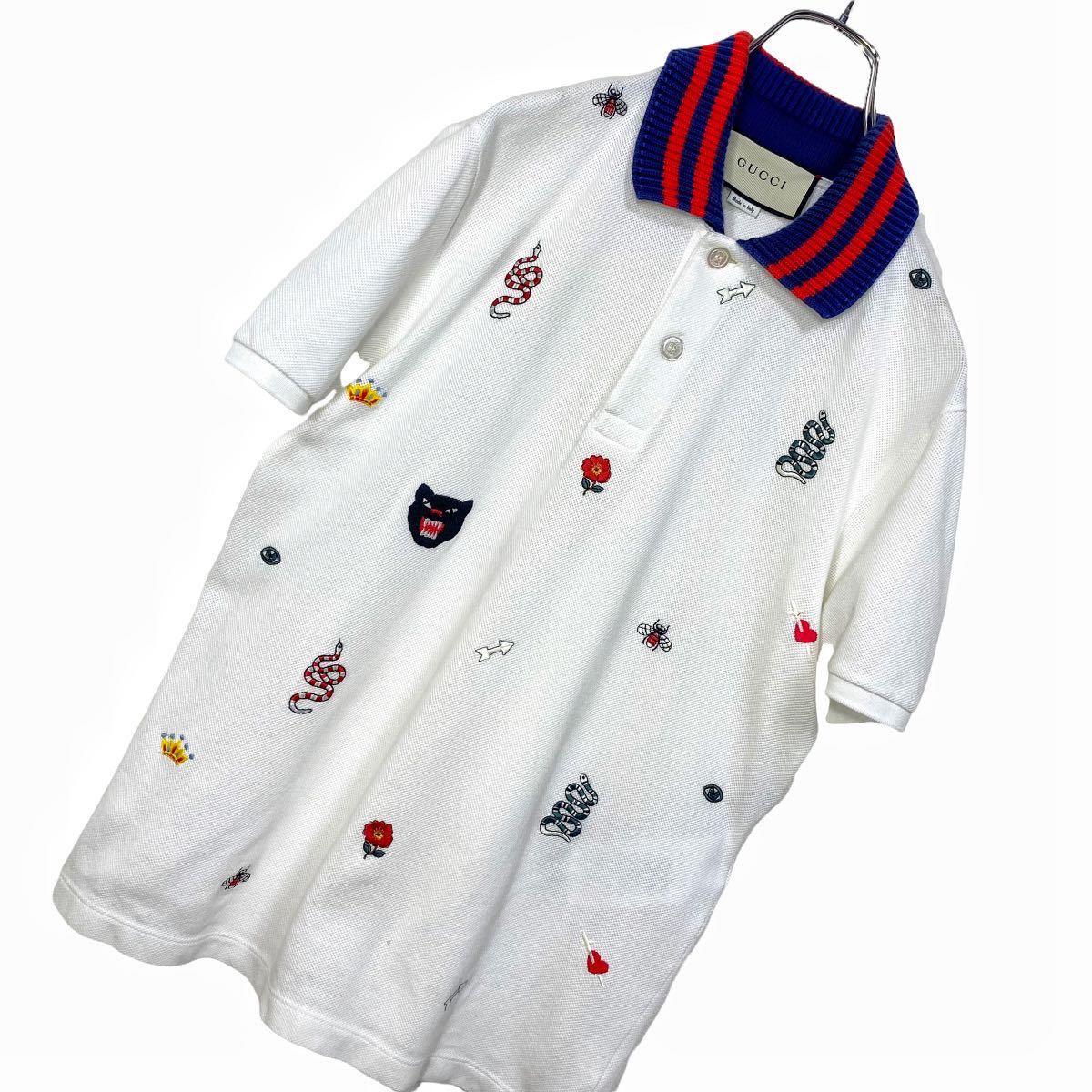 GUCCI ポロシャツ XL 赤×白ボーダー ヘビ・ハチ刺繍 正規品-