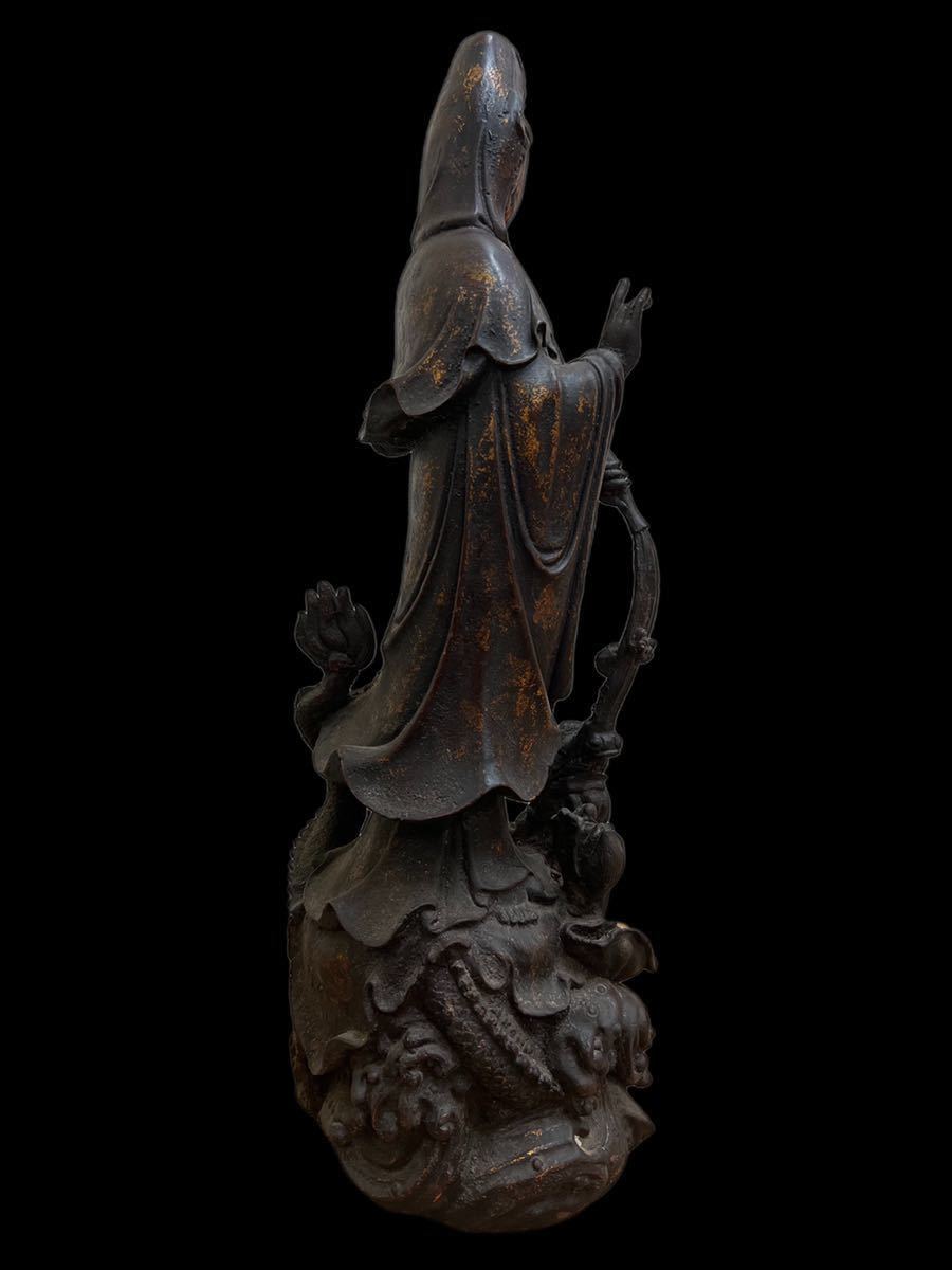古鉄製 観音菩薩像 細密彫刻 龍上観音像 乘観音 仏教美術 古銅仏像