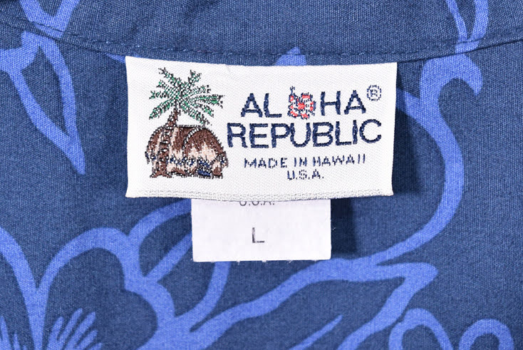【送料無料】USA製 ALOHA REPUBLIC コットン 開襟 総柄 アロハシャツ メンズL 刺繍ロゴ オープンカラー ハワイアンシャツ 古着 CB0761
