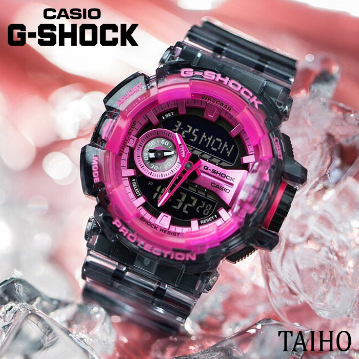 新品 カシオ Casio ジーショック G-SHOCK 腕時計 クリア スケルトン クオーツ 樹脂ベルト 20気圧防水 ストップウオッチ カレンダー ピンク_画像5