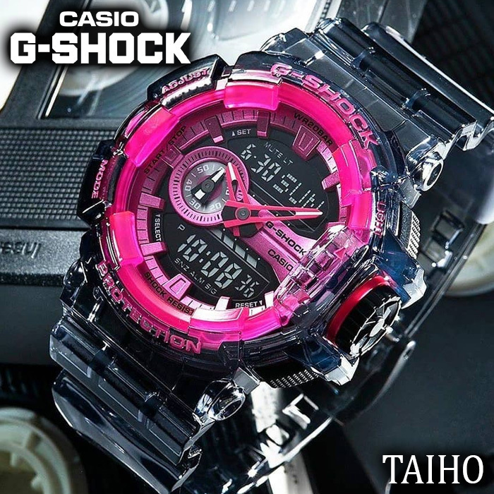 新品 カシオ Casio ジーショック G-SHOCK 腕時計 クリア スケルトン クオーツ 樹脂ベルト 20気圧防水 ストップウオッチ カレンダー ピンク_画像1