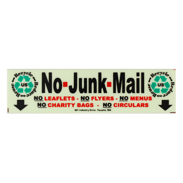 ステッカー グローサイン「NO JUNK MAIL」チラシを入れないでください（リサイクルマーク） 縦2.8×横11cm アルミ製 蓄光タイプ ミニ看板_画像1