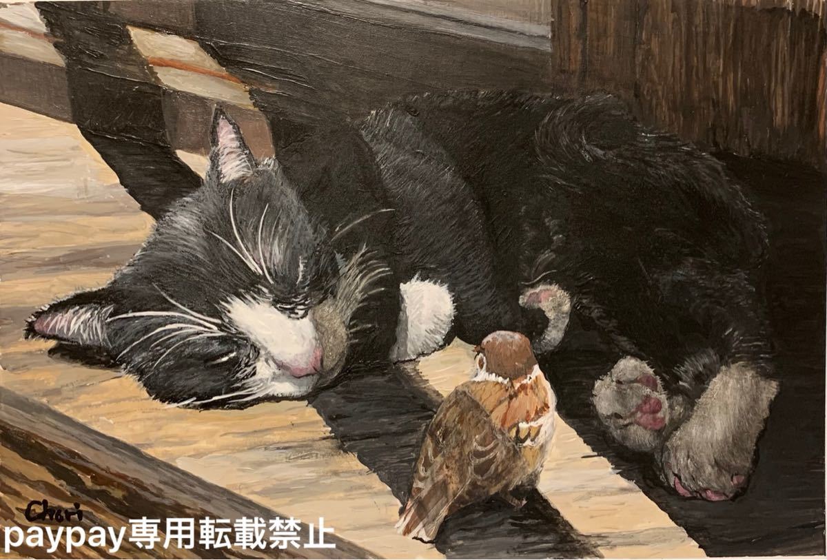 絵画 雀とハチワレ 猫 A4 4点セット アクリル画 原画 手書き ハチワレ