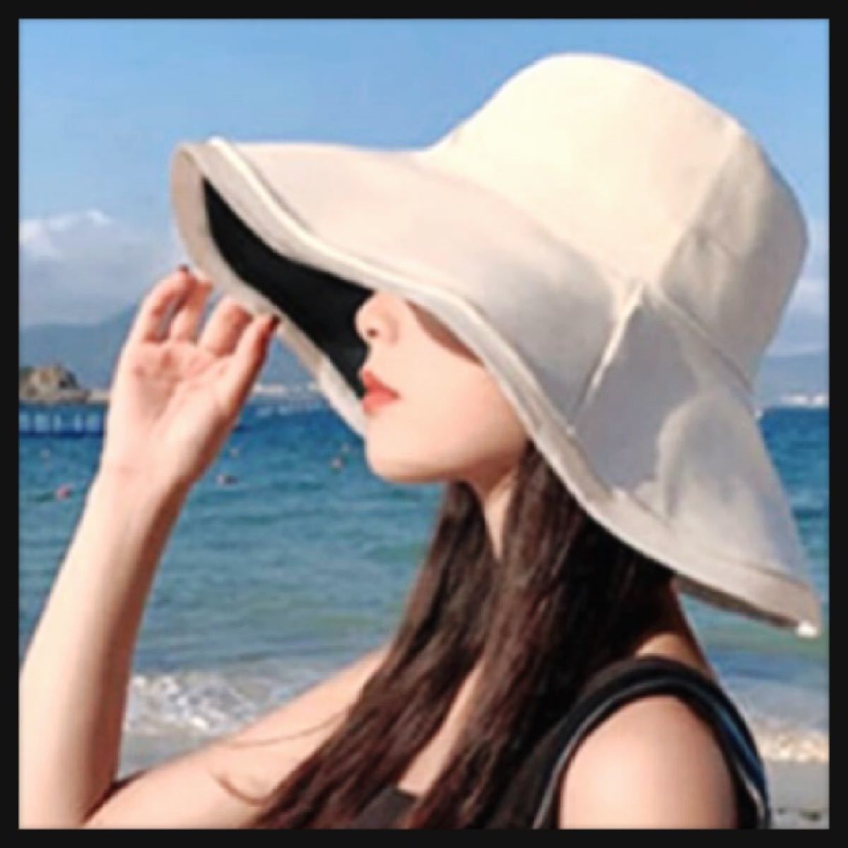 未使用◆ワイヤー つば広め リバーシブル ハット UVカット 黒ベージュ 帽子 