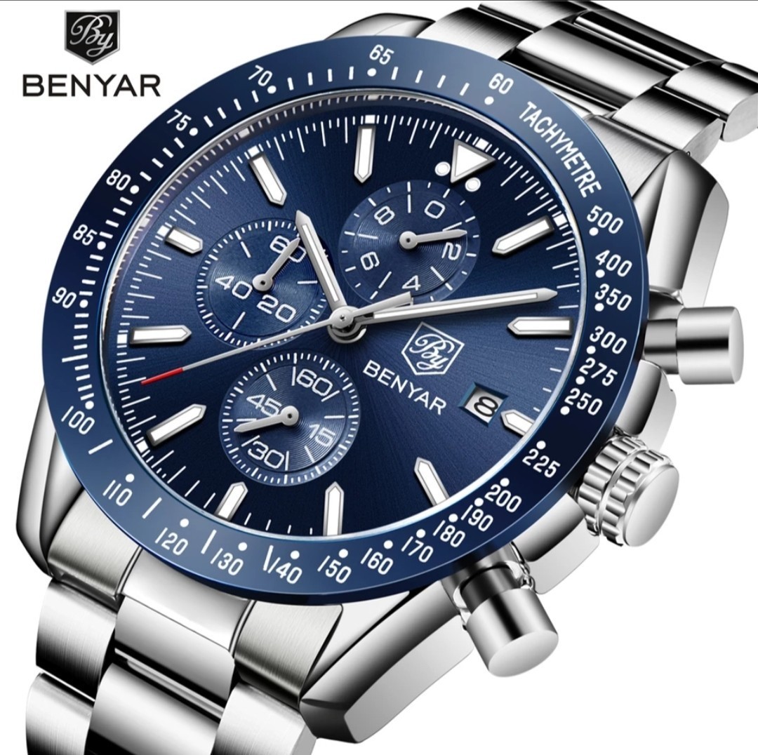 【海外限定モデル】Benyar メンズ高級腕時計アナログ クロノグラフ ブルー