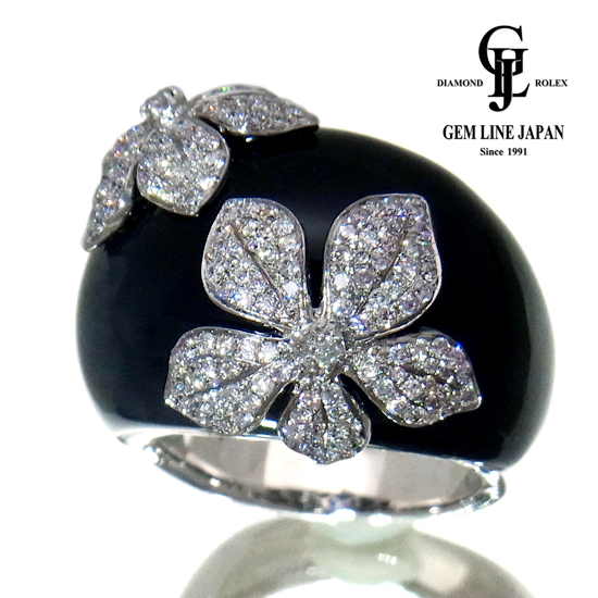  beautiful goods flower motif onyx diamond 0.92ct K18WG ring 