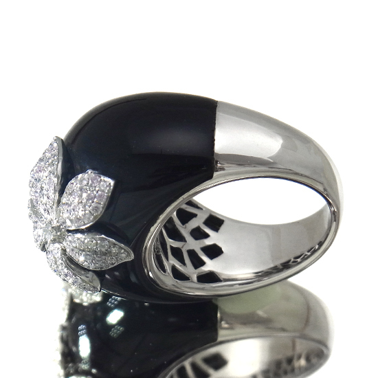  beautiful goods flower motif onyx diamond 0.92ct K18WG ring 
