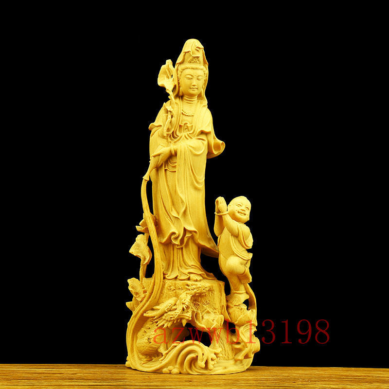 仏像置物 黄楊木彫り 置物 子安観音像 23CM 【縁起仏像：水子観音 彫刻 