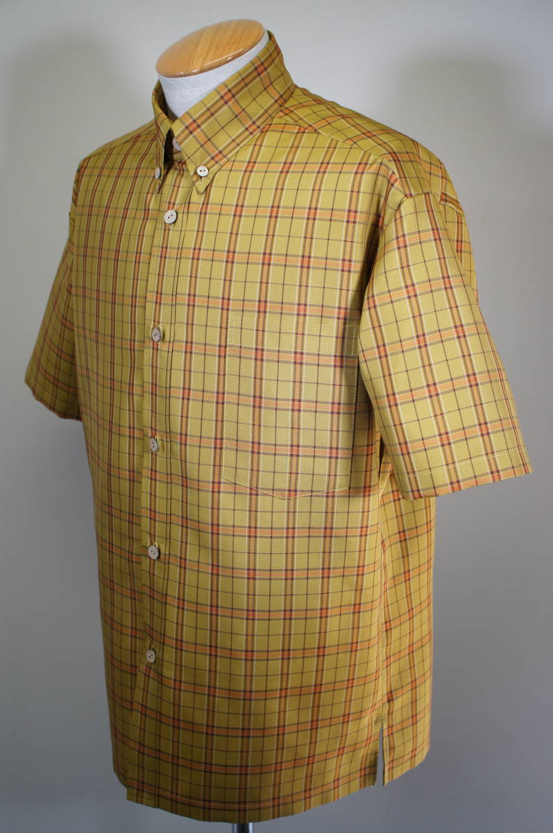 【加寿利】黄八丈 綾織 格子 釦ダウン メンズ Mサイズ 着物リメイク  アロハシャツ の画像7