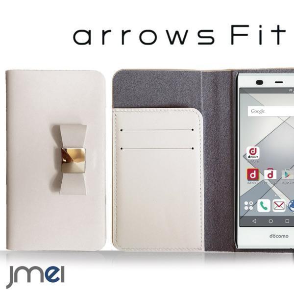 arrows Fit F-01H ケース 本革ケース リボンチャーム カード収納付スマホカバー ベルトなし マグネットなし ホワイト 73