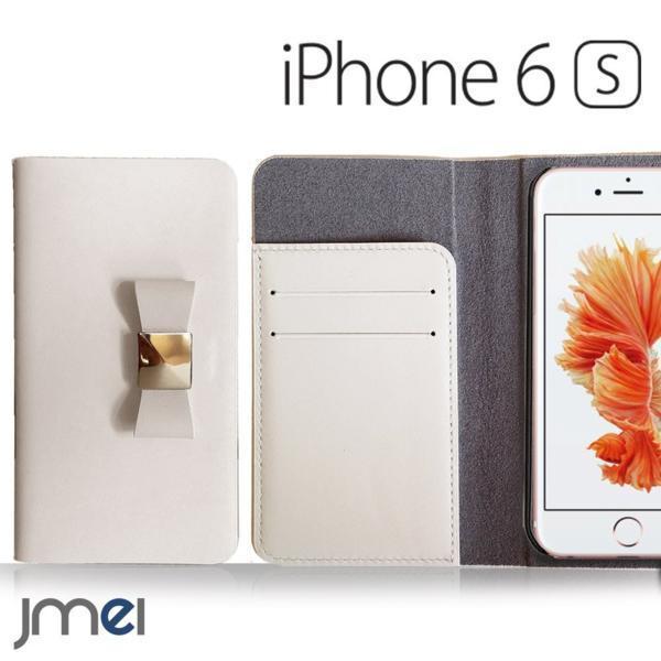 iPhone6s ケース 4.7インチ 本革ケース リボンチャーム カード収納付スマホカバー ベルトなし マグネットなし ホワイト 73