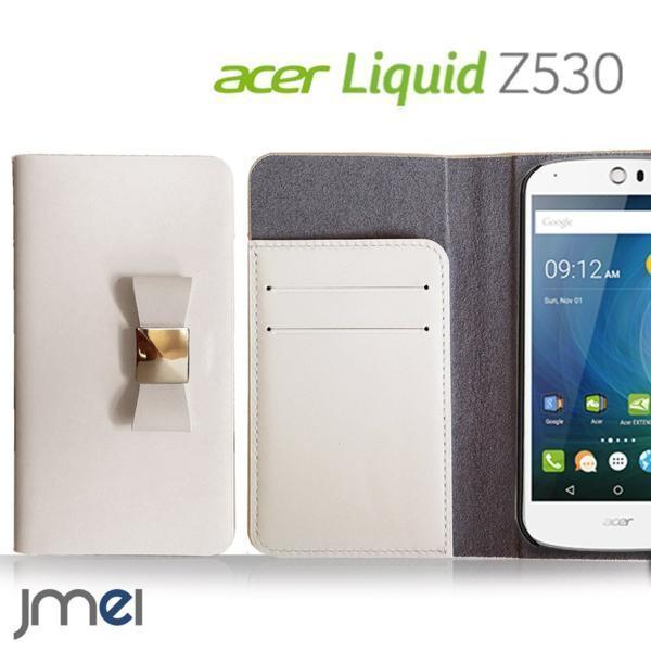 acer Liquid Z530 本革ケース リボンチャーム カード収納付スマホカバー ベルトなし マグネットなし ホワイト 73