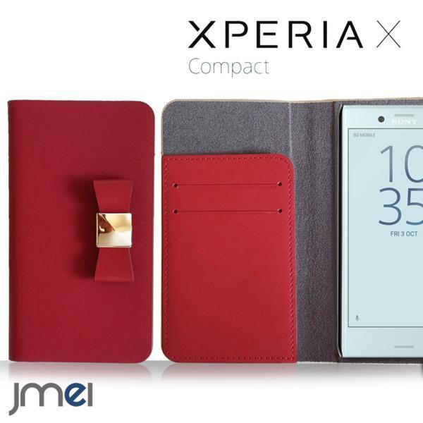 XPERIA X SO-02J Compact 本革ケース リボンチャーム カード収納付スマホカバー ベルトなし マグネットなし レッド 73_画像1