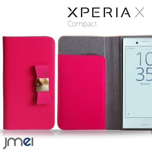 XPERIA X SO-02J Compact 本革ケース リボンチャーム カード収納付スマホカバー ベルトなし マグネットなし ホットピンク 73