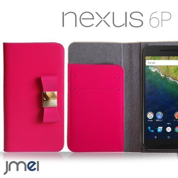 Nexus 6P 本革ケース リボンチャーム カード収納付スマホカバー ベルトなし マグネットなし ホットピンク 73