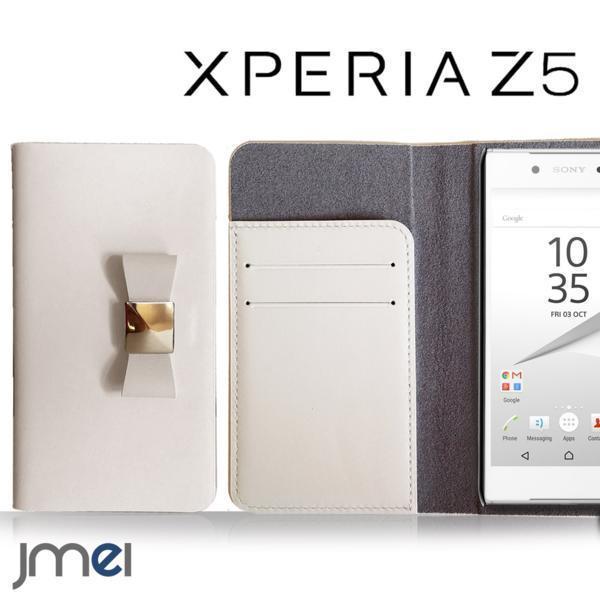 Xperia Z5 SO-01H ケース 本革レザーケース リボンフリップ ケース ホワイト 73