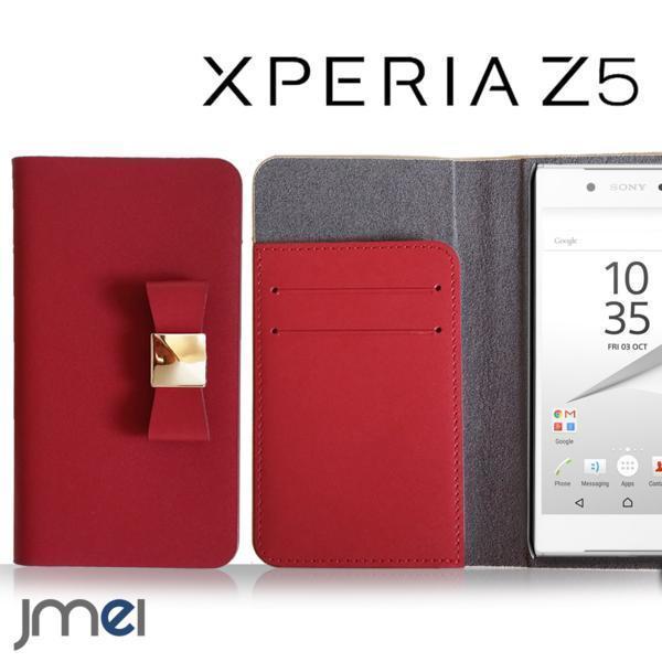 Xperia Z5 SO-01H ケース 本革レザーケース リボンフリップ ケース レッド 73