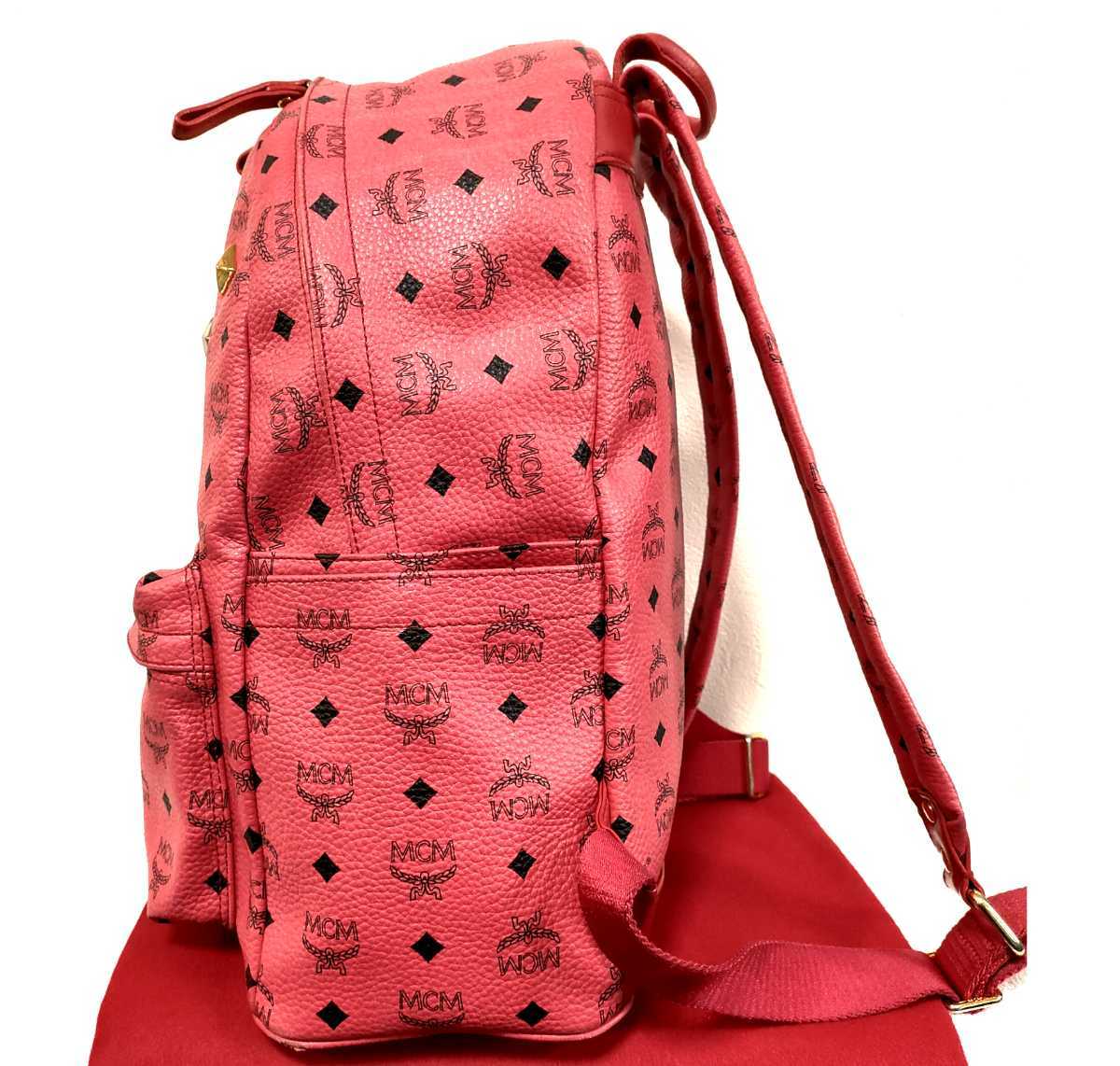 美品 最安値 MCM リュック スタッズ ピンク 赤 エムシーエム レッド