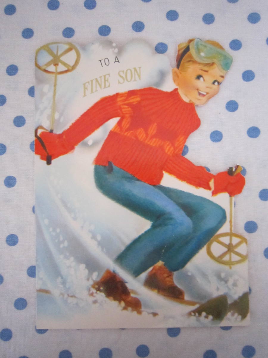 ヴィンテージ　グリーティングカード　スキーをする少年　男の子　クリスマス　 No.628（検：アンティーク_画像2