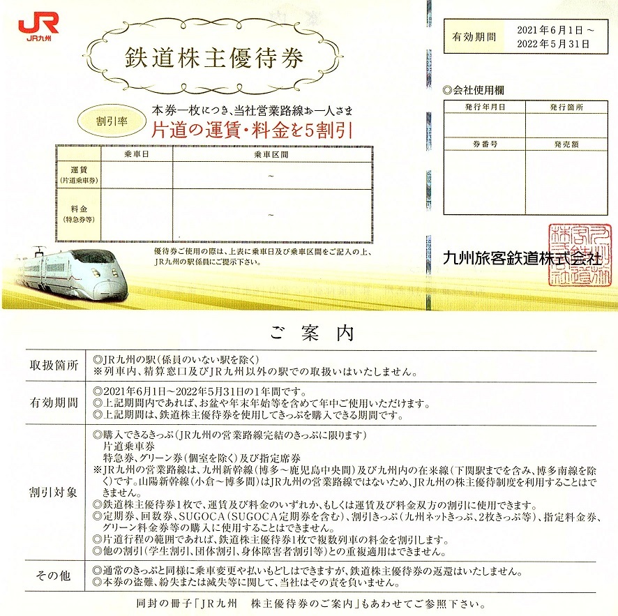 JR九州　株主優待券　50％割引券　1枚(単位)　~6枚迄　2022年5月末迄有効_画像1