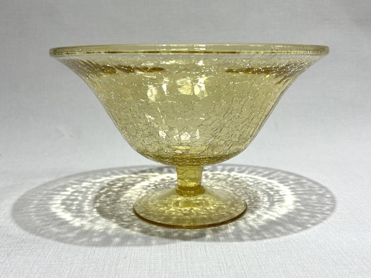  rare Showa Retro antique! crack glass fruit platter yellow ice crack diameter approximately 21cm height 13cm decoration plate Western-style tableware glasswork A