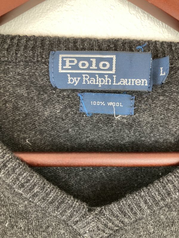 大きいサイズ POLO RALPH LAUREN ポロ ラルフローレン 長袖 ウール セーター ニット メンズ L グレー 刺繍 ロゴ 赤 毛 カジュアル 古着_画像2