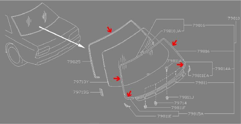 日産純正◆BNR32 スカイライン GT-R リヤガラスモール＆モールファスナー 5点セット 2ドア対応 新品未使用 HCR32 HNR32 HR32 R32 RB26DETT_画像2