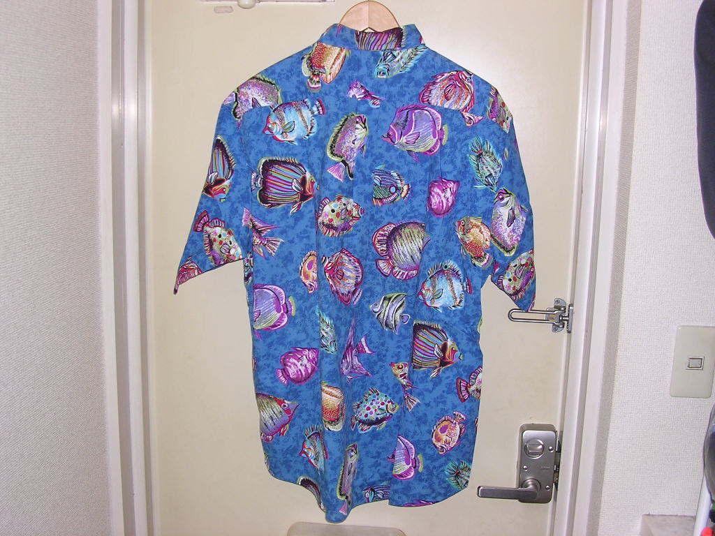 美品 90s USA製 ランズエンド LANDS' END 半袖B.Dシャツ 熱帯魚 総柄 vintage old アロハ ハワイアン_画像4