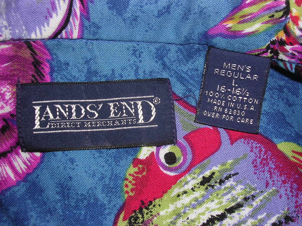 美品 90s USA製 ランズエンド LANDS' END 半袖B.Dシャツ 熱帯魚 総柄 vintage old アロハ ハワイアン_画像5