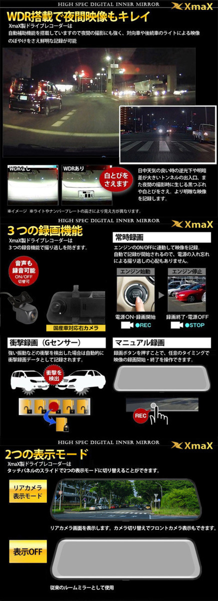 1円~日本専用 右カメラ 9.66インチタッチパネル ミラー型 ドライブレコーダー 32Gカード付 Full HD1296P 日本製SONY CMOS WDR 前後2カメラ_画像7