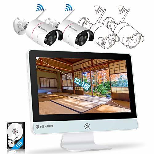 【最新一体型・500万画素対応・AI人感発光】 YESKAMO 防犯カメラ 屋外 Wi-Fi 双方向通話 12型IPSモニター 8台増設可 サイレン警報
