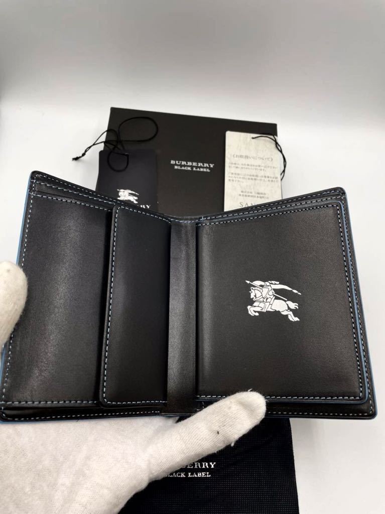 バーバリー ブラックレーベル 二つ折り財布 ブラック×ブルー 小銭入れ