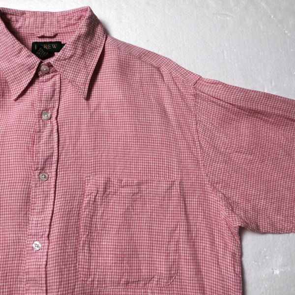 90's Jクルー J.CREW ギンガムチェック 100% リネン シャツ (S) ピンク×白 90年代 旧タグ オールド_画像4